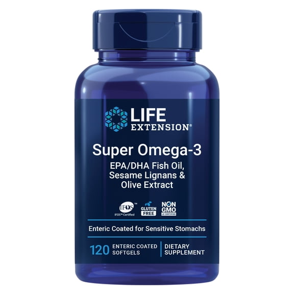 Life Extension Super Omega-3 EPA/DHA Fish Oil, Sesame Lignans & Olive Extract – Heart Health, Brain Health, Inflammation Health Support, Gluten-Free, Enteric-Coated, Non-GMO, 120 Softgels