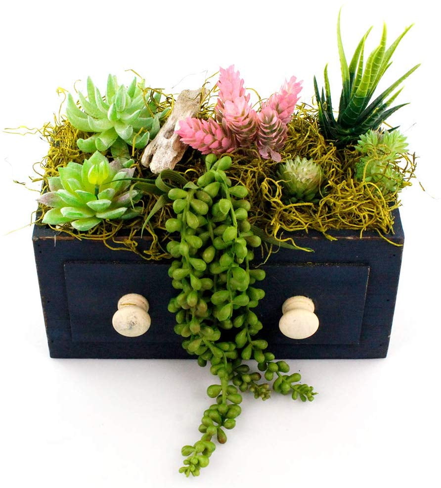 Cosmic Box Faux Succulent Floral Arrangement w/Handcrafted Wooden Planter - Green Goblin mini