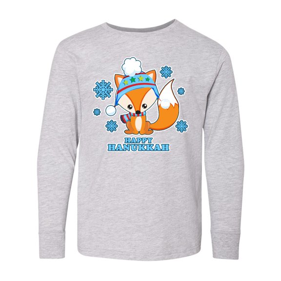 Inktastic Happy Hanukkah with Fox and Snowflakes Long Sleeve Youth T-Shirt