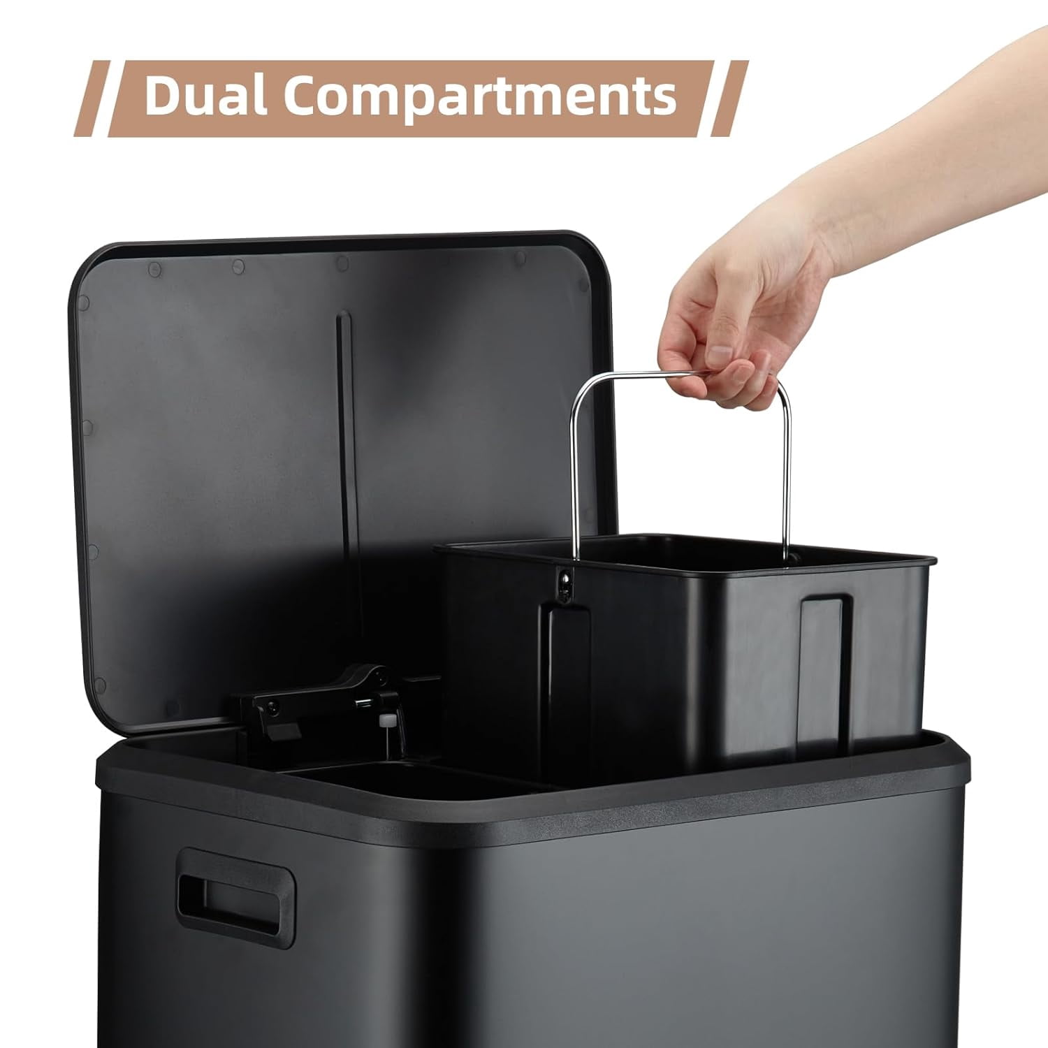 Dual Trash Can for Recycling and Trash,2 x 4 Gal Garbage Can for Kitchen,Metal 30-Liter Dual Compartment Step Trash Can,Removable Liner Buckets