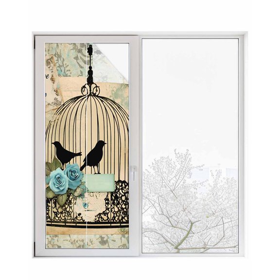 Window Privacy Film Vintage Bird Cage Stained Glass Window Film Decorative Sun Block Window Cover Retro Floral Pattern Window Clings Static Adhesive Sticker for Bathroom 23.6"x59"
