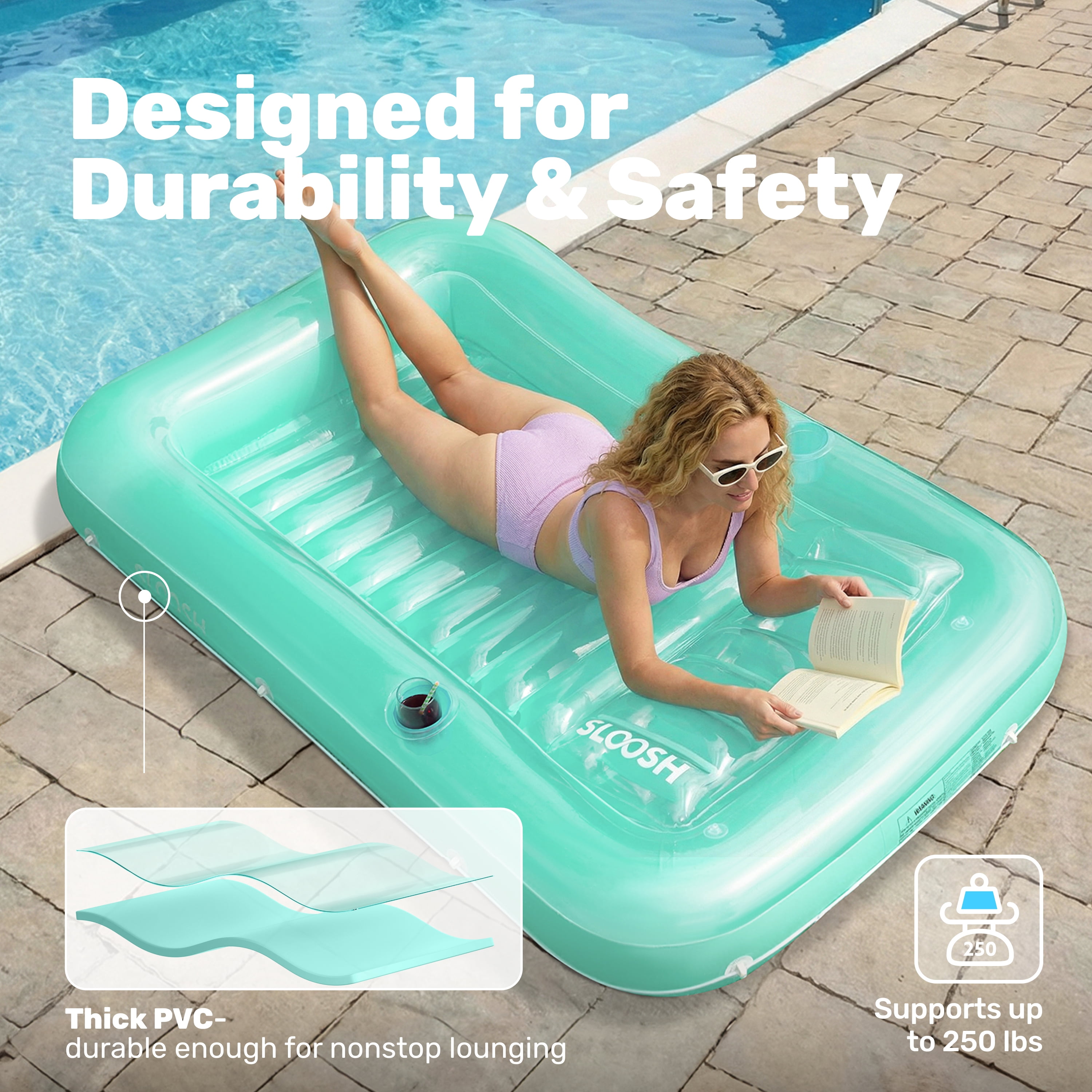 SLOOSH Inflatable Tanning Pool Lounger Float for Adults, 70" x 46" Large Suntan Tub Pool Floats Sun Tan Tub Ice Bath Tub Tanning Bed Blow up Pool Raft Lounge Floatie,L-Cyan