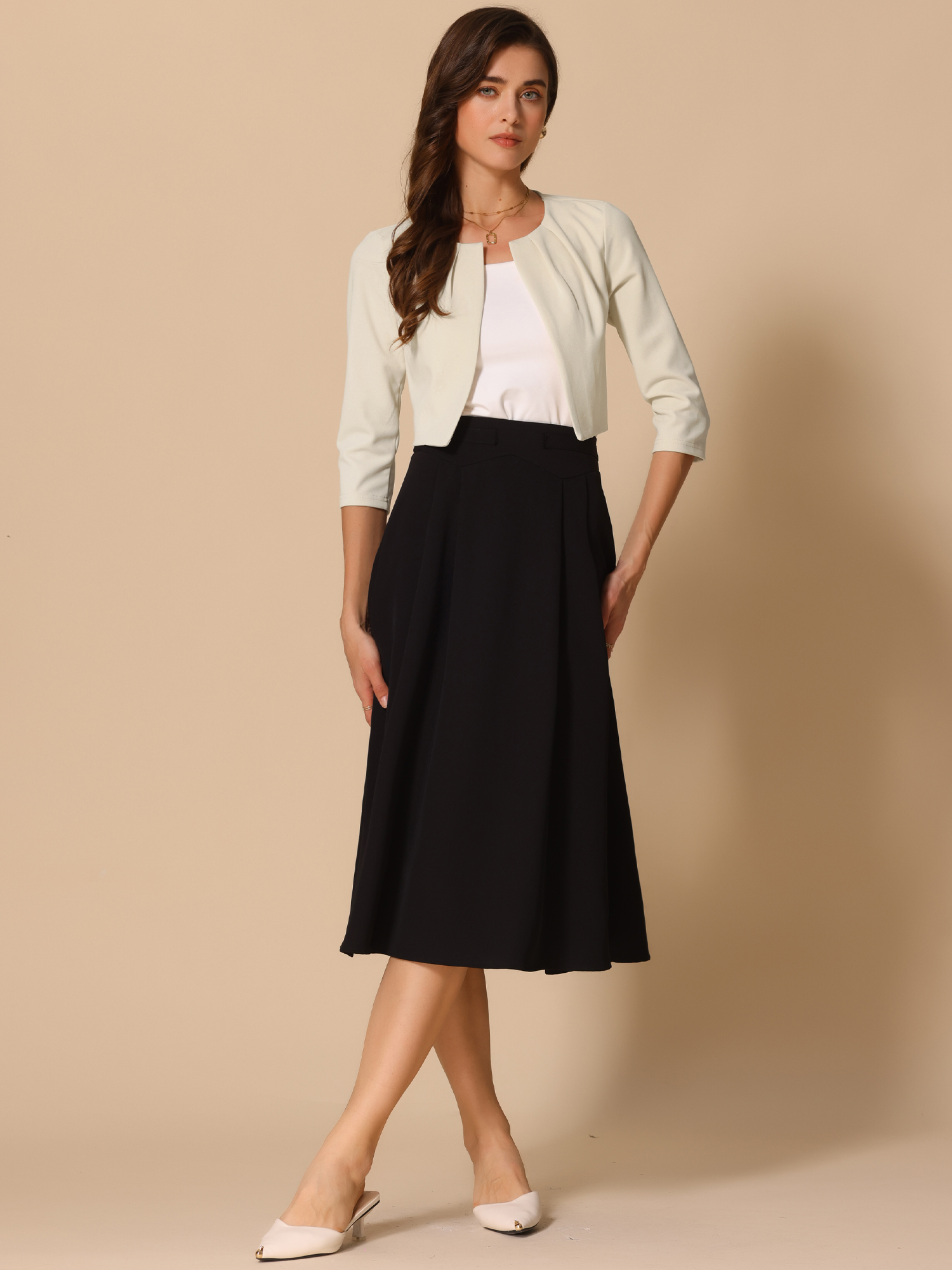 DARING DIVA Women's 3/4 Sleeve Shrug Top Collarless Pleated Open Front Cropped Cardigan M Apricot