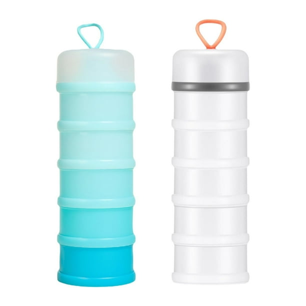 2 contenedores de proteína en polvo, dispensador de fórmula, almacenamiento de 5 compartimentos. Blanco y azul