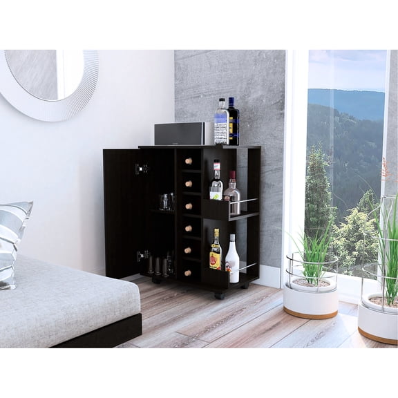 Black Bar Cart Wells, Four Included, Enclosed Cabinet & Shelves, 2 Bottle 6 , Particle Board Furniture Fashion Forward , Nuance, 1 Storage, Produced