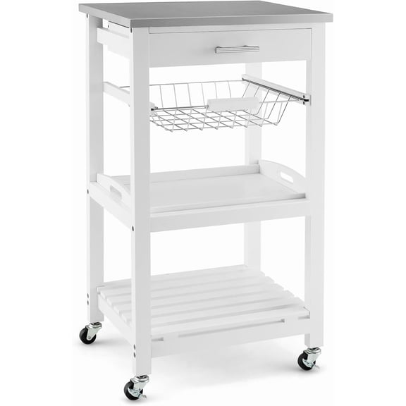 Hanyu Wooden White Small Kitchen Trolley Cart with Wheels, 4 Tier Rolling Cart with Drawer, Utility Coffee Cart, Kitchen Island Cart w/Stainless Steel Tabletop for Dining Room