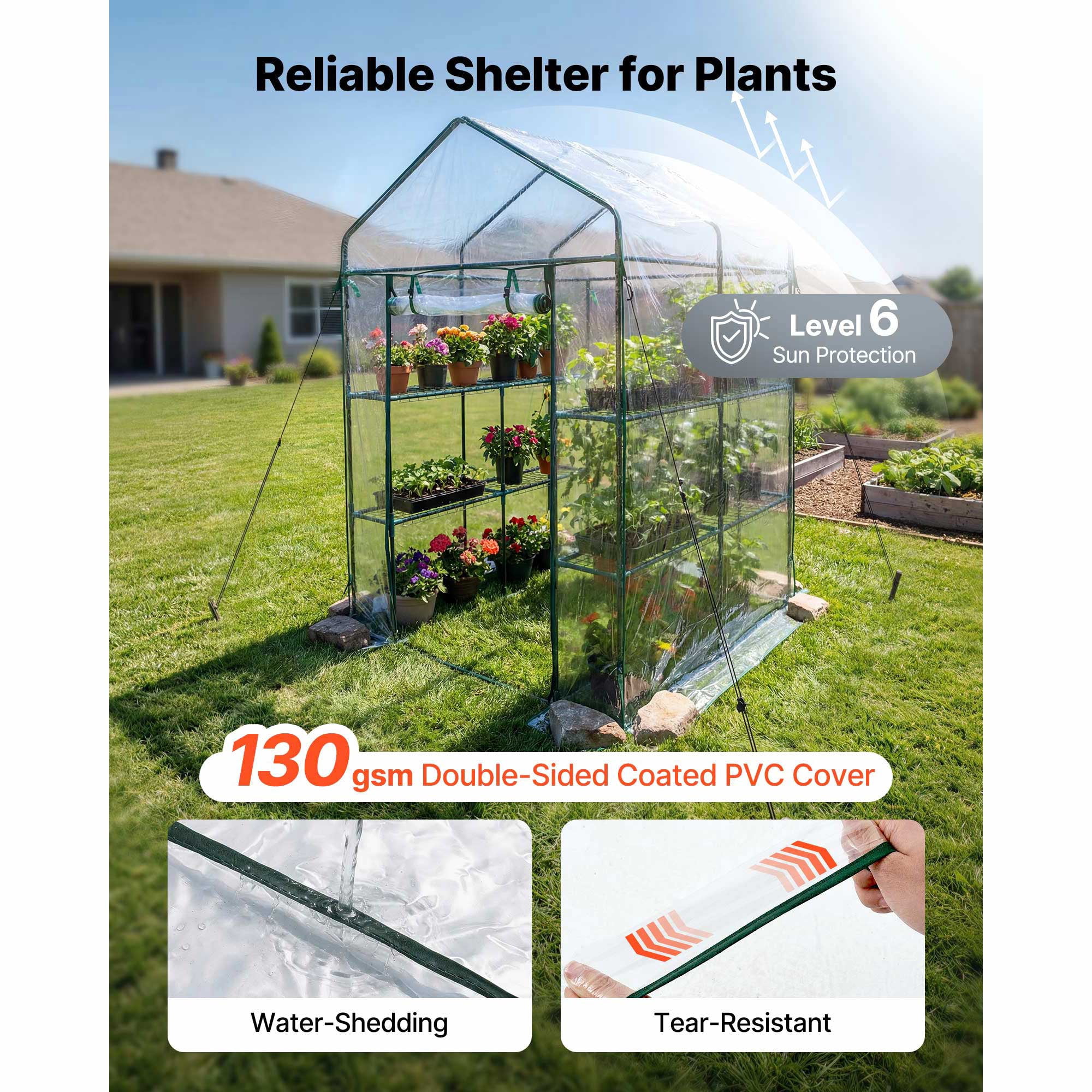 KFFKFF Walk-in Greenhouse, 54" x 54" x 77.2" Outdoor Greenhouse with PVC Cover, 2-Tier 10-Shelf Design, Roll-Up Zipper Door, Portable Garden Hot House for Backyard and Plants