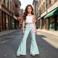 thumbnail image 5 of Tfken Child Soft Comfy Pants School Daily Wear Flare Denim Pants Girls With Pockets Stretch Fashion Graphic Print Kids Classic Clothes Size 9-10 Years Blue, 5 of 5