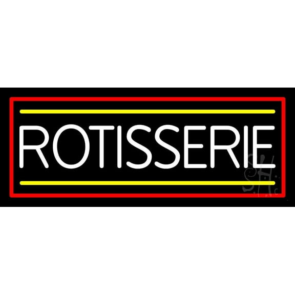 Rotisserie With Red Border LED Neon Sign 13 x 32 - inches, Black Square Cut Acrylic Backing, with Dimmer - Bright and Premium built indoor LED Neon Sign for restaurant window and interior decor.