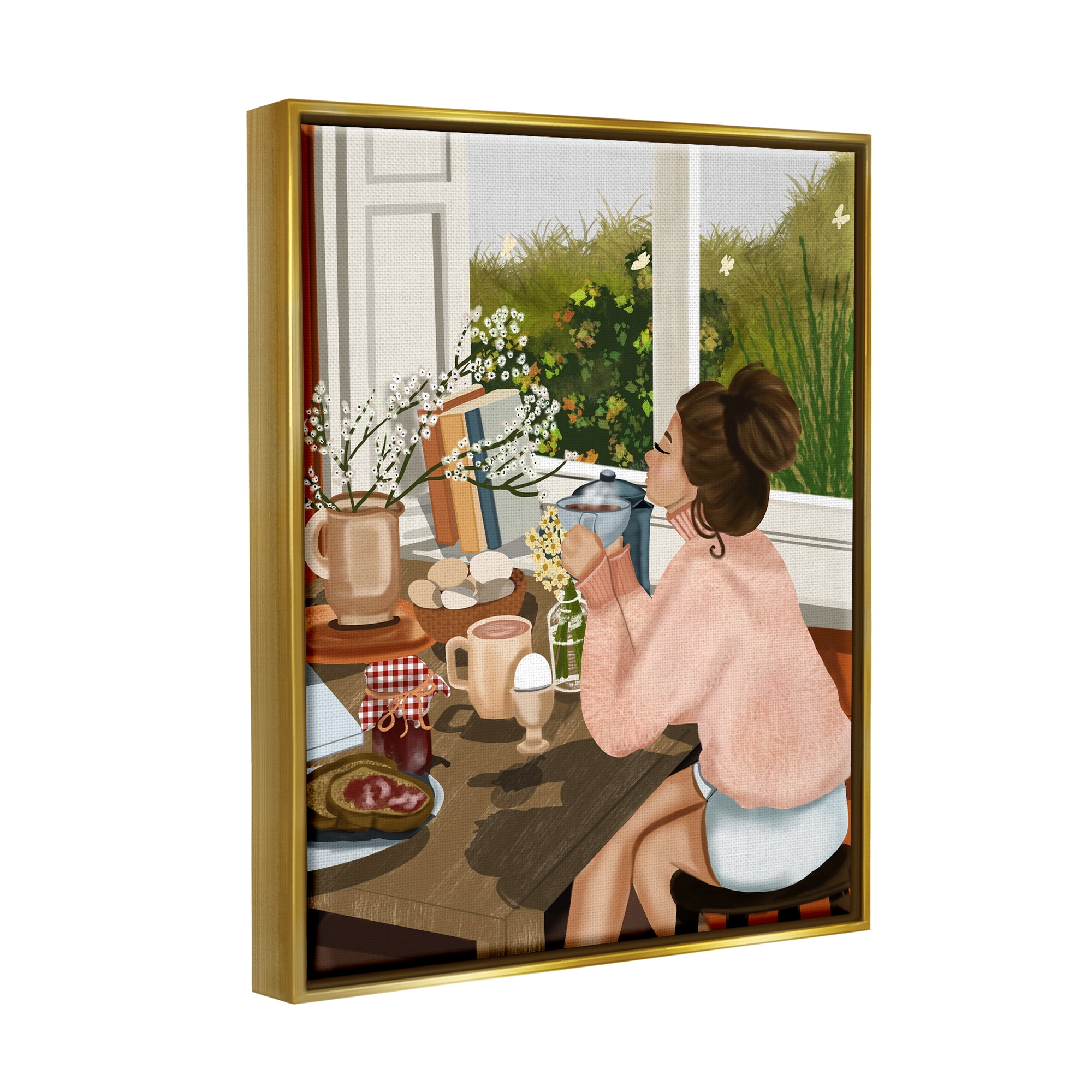 Stupell Industries Girl with Cozy Breakfast Food & Beverage Painting Gold Floater Framed Canvas Art Print Wall Art, 17 x 21