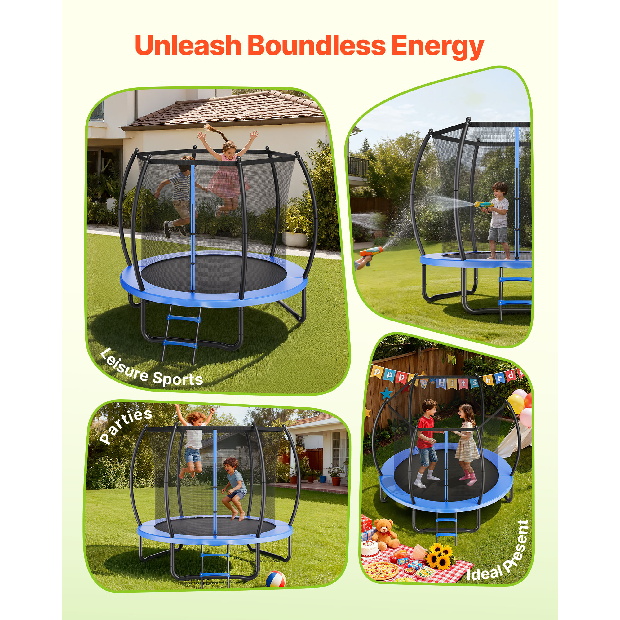 KFFKFF 8FT Outdoor Recreational Trampoline with Safety Enclosure, Durable Frame, Thick Padding, 265 lbs Weight Limit, Rust-Resistant Design for Backyard Fun for Kids and Adults