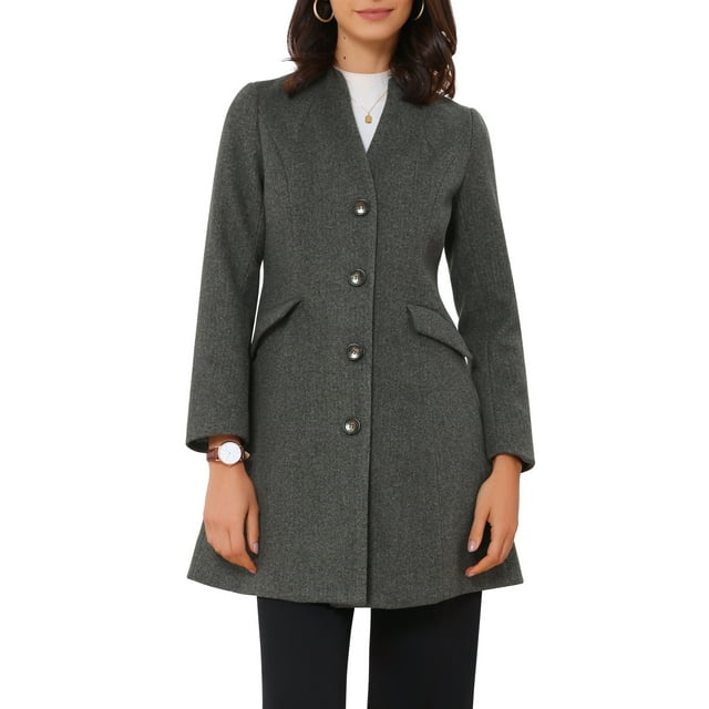 Abrigo largo de una sola botonadura de manga larga con escote en V elegante para mujer Inspire Chic, color gris oscuro, talla M