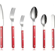 6-Piece Premuim Stainless Steel Flatware Silverware Set - Color Handle with Rivet/Retro Style Cutlery Set - Includes Steak Knife; Dinner Fork; Dessert Fork; Dinner Spoon; Teaspoon; Butter Knife