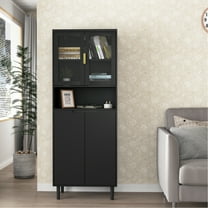 4-door Black Storage Cabinet - Tempered Glass Door, Adjustable For Living Room & Bedroom With Shelves,