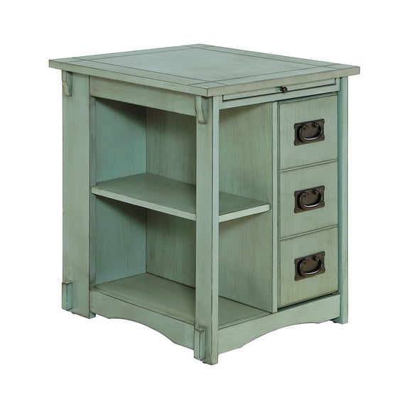 Linon Parnell Storage Side Table/Cabinet with Pull Out Shelf in Teal Wood