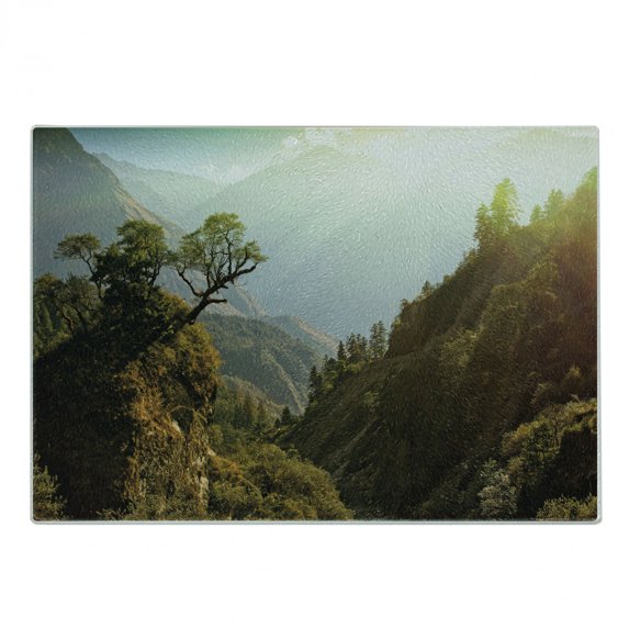 Landscape Cutting Board, Forest Nepal Himalaya Mountains Sunlight Majestic Scenery Nature Photo, Decorative Tempered Glass Cutting and Serving Board, Small Size, Green Pale Yellow, by Ambesonne