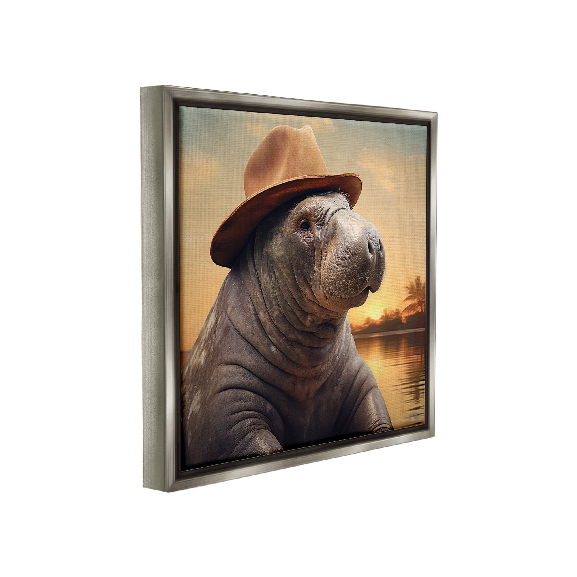 Stupell Industries Tropical Manatee at Sunset Animals & Insects Painting Gray Floater Framed Canvas Art Print Wall Art, 25 x 25