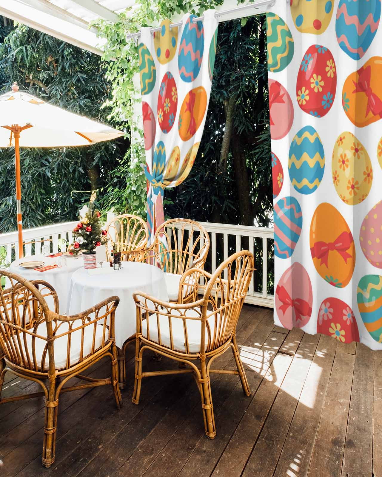 Easter Eggs Outdoor Curtains for Patio, Spring Colorful Striped Dots Bow Egg Watercolor Privacy Drapes Grommet Waterproof Outside Curtains for Porch/Cabana/Balcony 54"x 108", 1 Panel