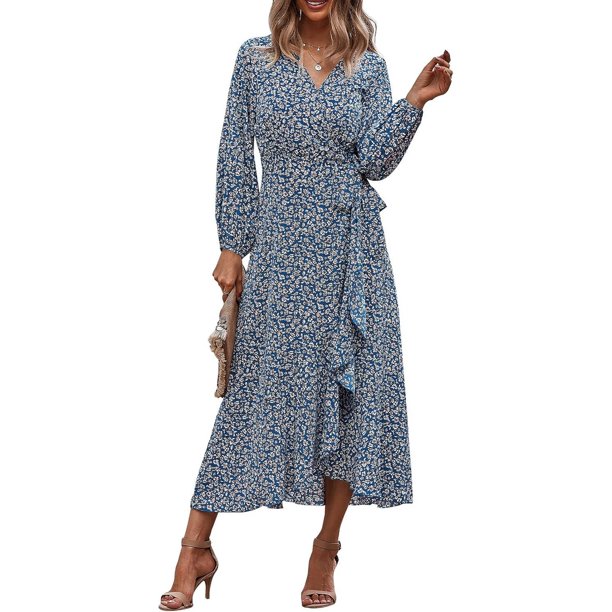 Vestido largo vintage cruzado de manga larga con estampado floral y escote en V para mujer con cinturón