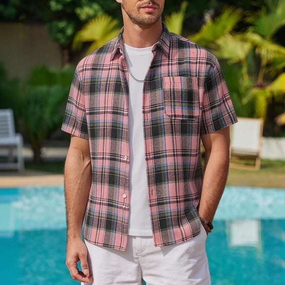 Yaoyar Men's Short Sleeve Button Down Shirt Plaid Loose Lapel Casual Summer Work Shirts with Chest Pocket