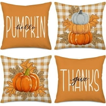 Fall Pillow Covers 18 x 18 Inch Set of 4, Hello Pumpkin Give Thanks Throw Pillow Covers Orange White Buffalo Plaid Autumn Thanksgiving Decorations Outdoor Farmhouse Cushion Case for Couch