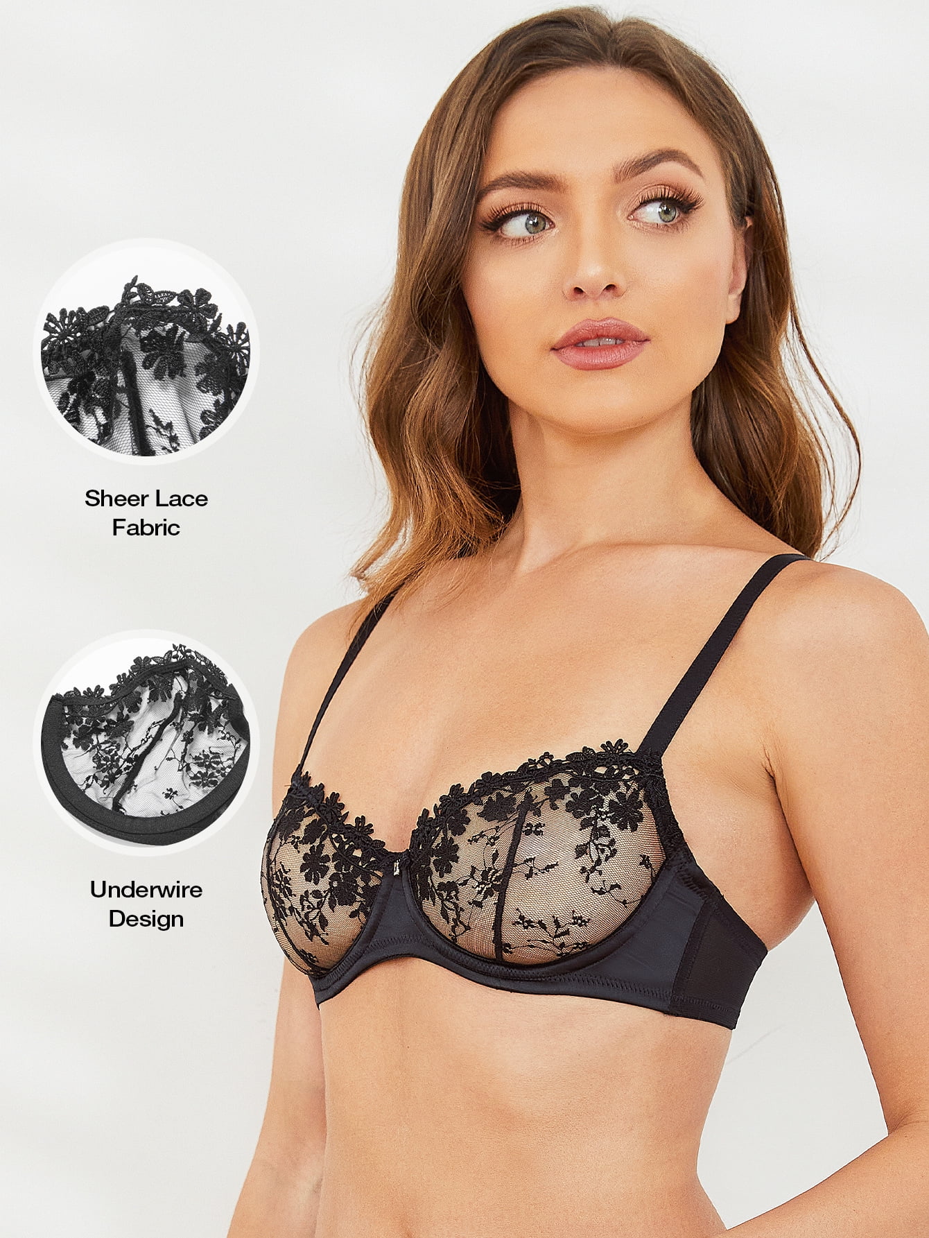 Wingslove Women's Sexy Lace Sheer Bra Demi Mesh Balconette See Through Unlined Underwire with Silicone Nipple,Black 34C