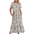 thumbnail image 2 of Viikei Casual Floral Print Short Sleeve Dress,Women's Printing Casual Short Sleeve Crewneck Dress Flowy Tiered Maxi Beach Dress with Pockets White M, 2 of 6