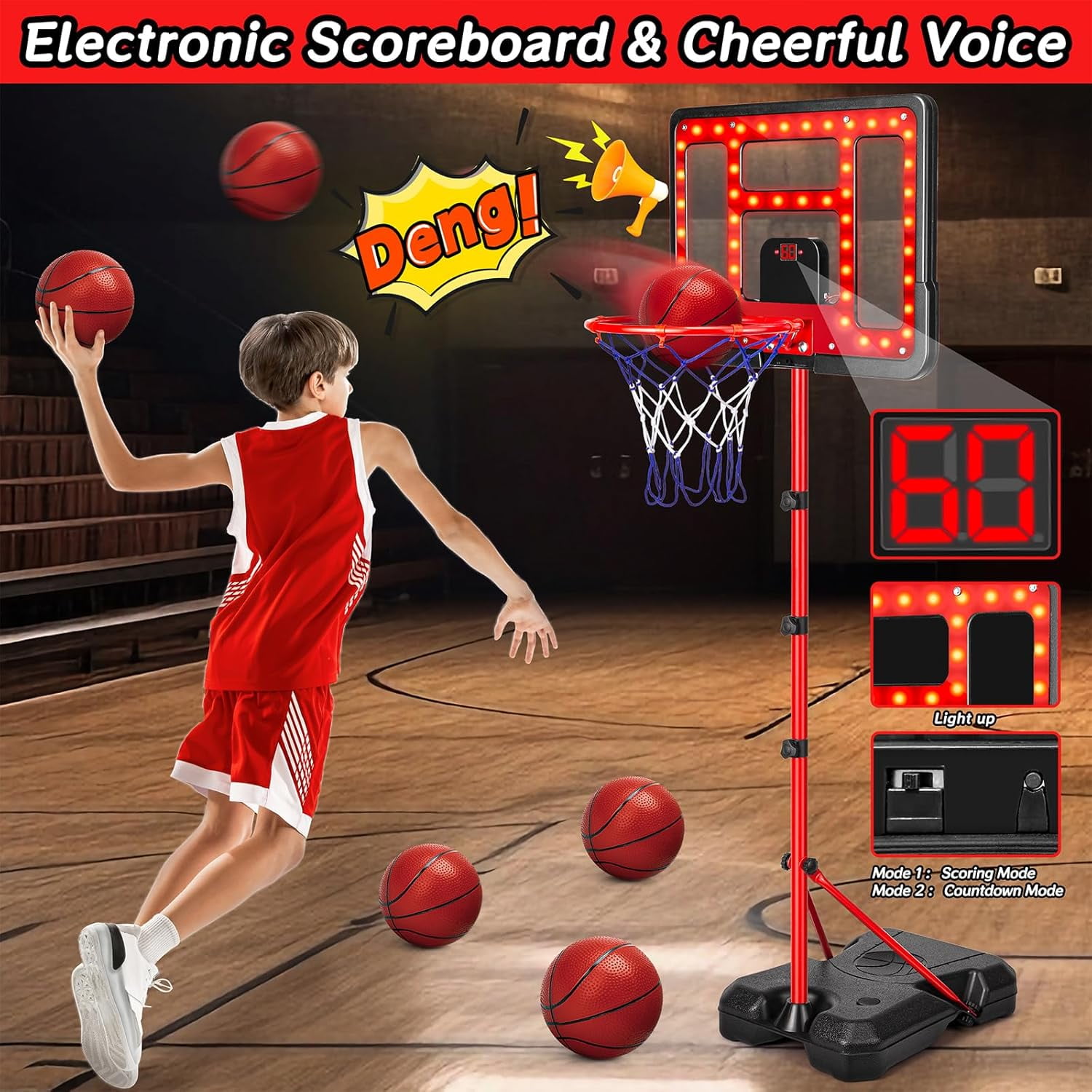 Adjustable Height Kids Basketball Hoop 3.5FT-6.2FT with Scoreboard & LED Light, Portable Indoor & Outdoor Basketball Goal for 3-8 Years Boys and Girls