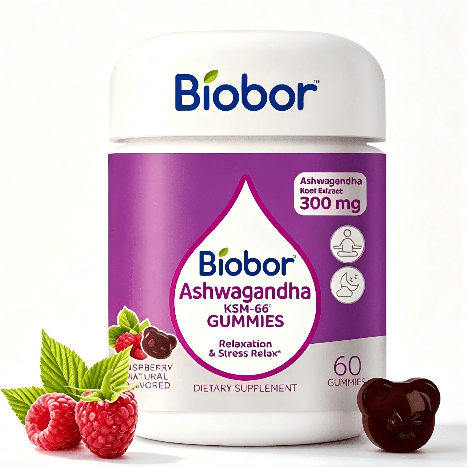 Biobor KSM-66® Ashwagandha Gummies, Cortisol Balance & Calm Support Supplement for Stress Management, with Vitamin D3, Raspberry Flavor, 60 Count