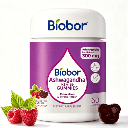 Biobor KSM-66® Ashwagandha Gummies, Cortisol Balance & Calm Support Supplement for Stress Management, with Vitamin D3, Raspberry Flavor, 60 Count