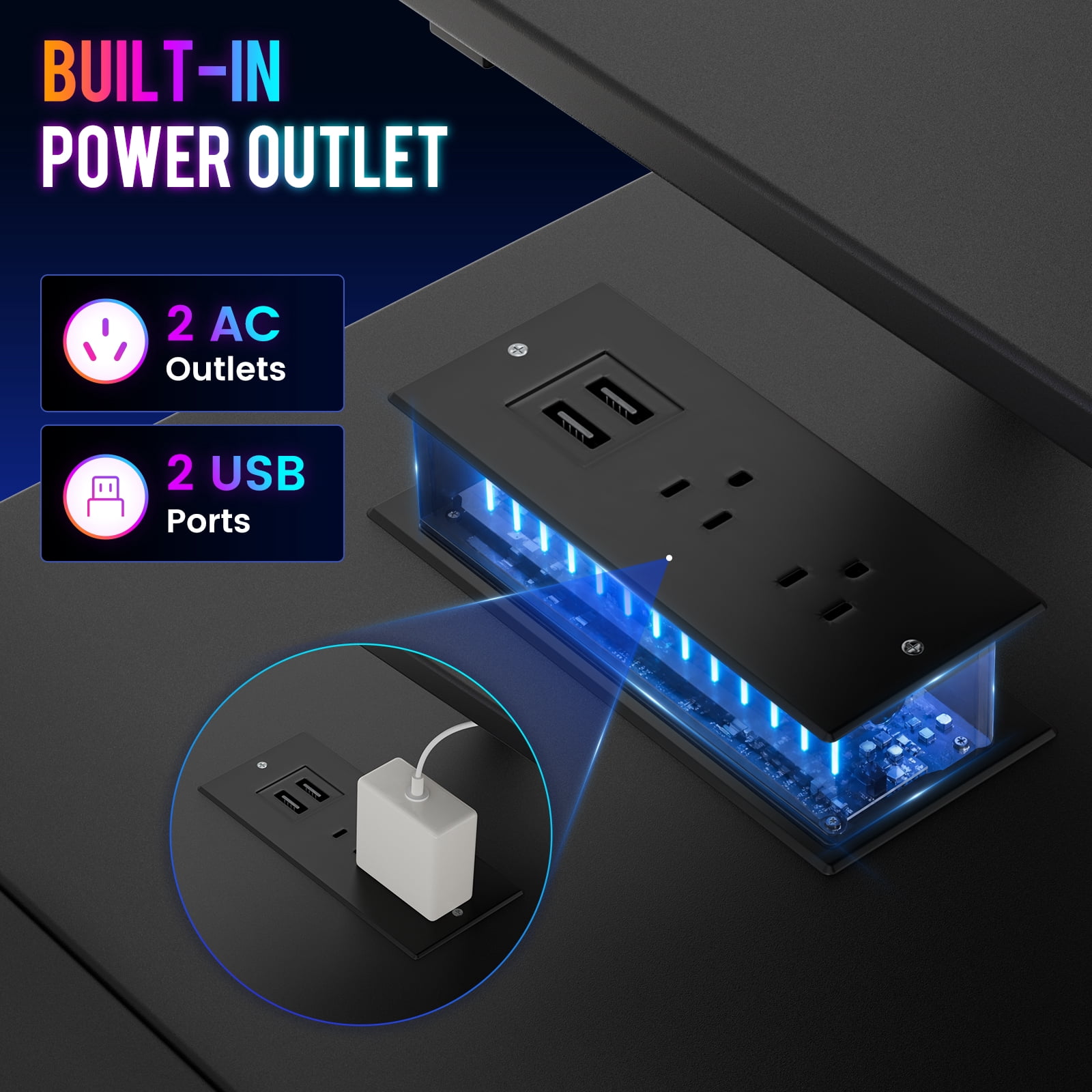 CLOUDREST PRO 42" L-Shaped Gaming Desk, Power Outlets & RGB LEDs, Black
