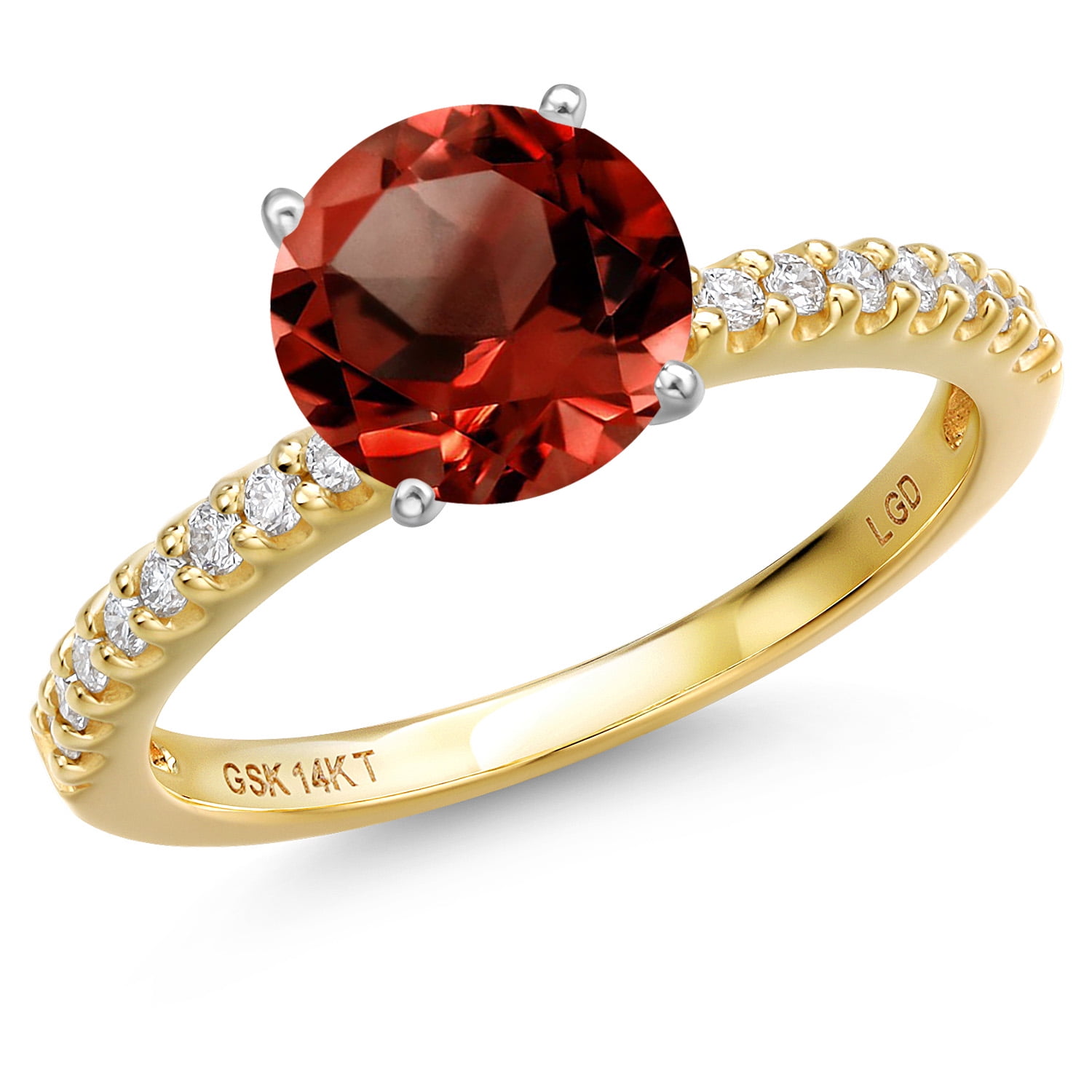 Gem Stone King 14K Two Tone Gold Red Garnet and Lab Grown Diamond Engagement Ring for Women | 1.66 Cttw | Round 7MM | Gemstone January Birthstone | Size 8