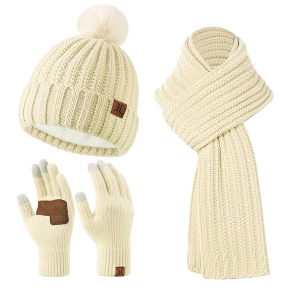 FZ FANTASTIC ZONE Womens Winter Warm Beanie Hat Long Neck Scarf Touchscreen Gloves Set Knit Skull Caps Pompom with Fleece Lined Gifts for Women, Beige