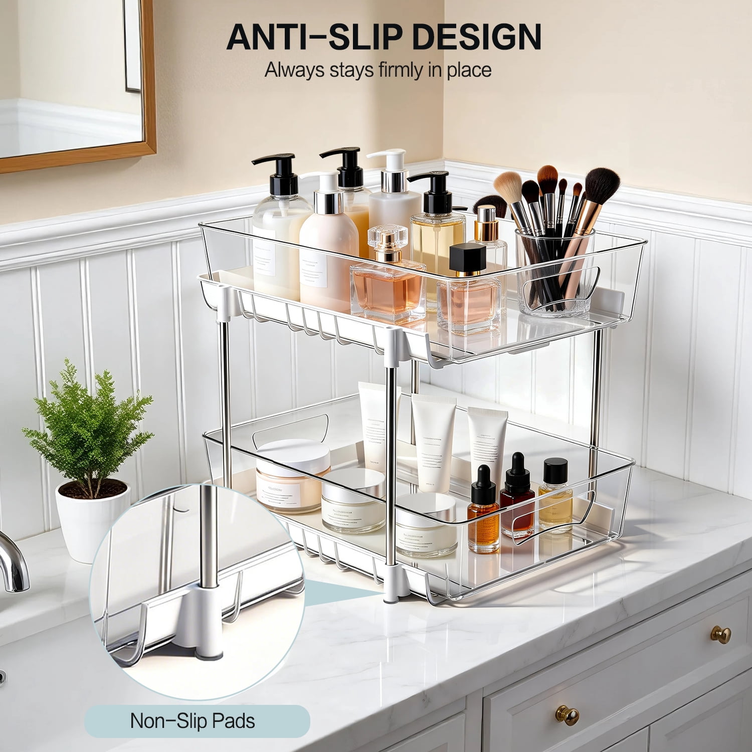 4 Pack Bathroom Organizer, 2 Tier Under Sink Organizers Vanity Countertop Storage Container, Kitchen Cabinet Drawers Bins, Pull-Out Organization for Pantry, Spice, White & Clear