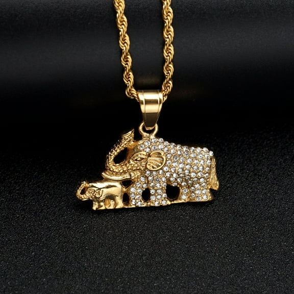 14K Yellow Gold Zircon Lucky Animal Elephant Pendant Collar Chains Necklace for Men Women Couple Hip Hop Jewelry