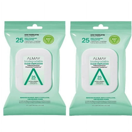 Almay Biodegradable Clear Complexion Makeup Remover Cleansing Towelettes, 25 wipes (2 Pack)