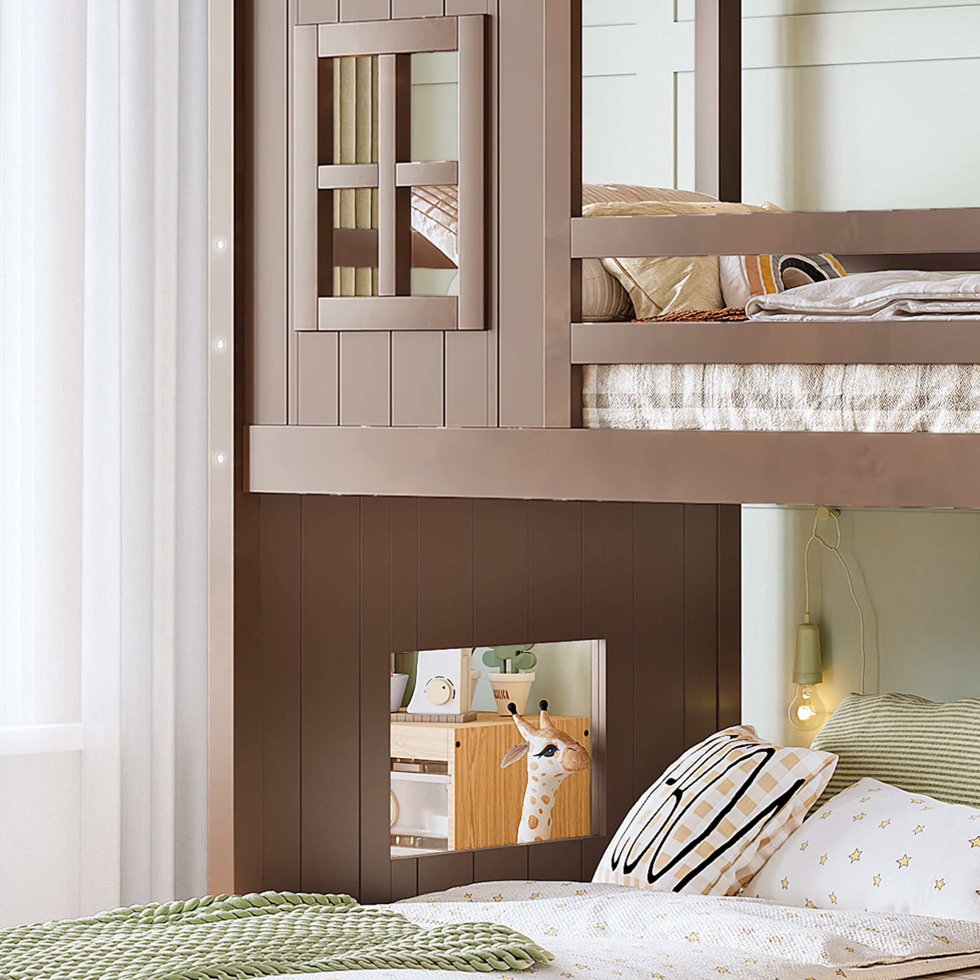 Twin over Full House Bunk Bed with Slide & Ladder, Wood Playhouse Bunk Bed with Storage Shelves & Wardrobe, Floor Bunk Bed for All Ages, Deep Natural