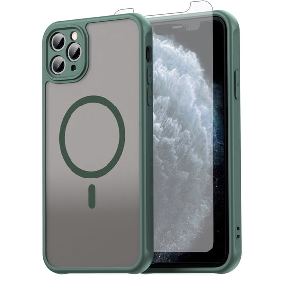 Asuwish Phone Case Compatible with iPhone 11 Pro Max 6.5 Magnetic ring Translucent Matte Anti-fingerprint Back Military Grade DropProof Shockproof Protective Cell Cover i11Plus Women Men Green