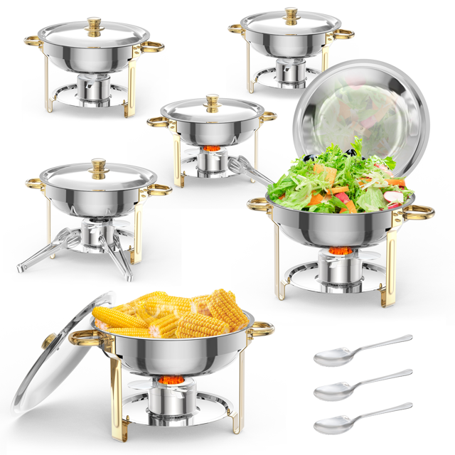 Ensemble de Buffets à Réchaud de 5 Qt, 2/4/6 Paquets / Réchauds Ronds en Acier Inoxydable Certifiés NSF avec Porte-Couvercle, Cuillère et Pince pour Traiteur et Événements