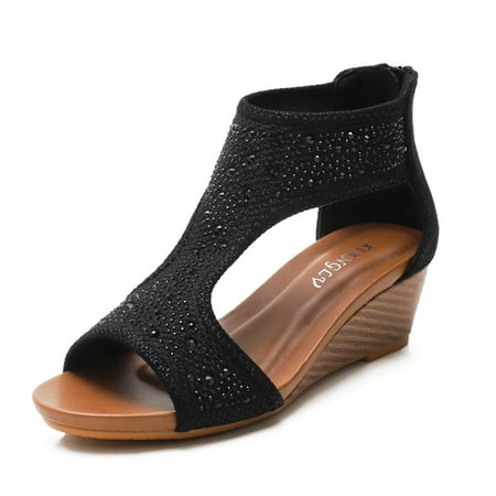 

Wedge Casual Sandals for Women Back Zipper Round Toe Boho Sandals Casual Vacation Platform Shoes Rhinestone Cutout Beach Sandals