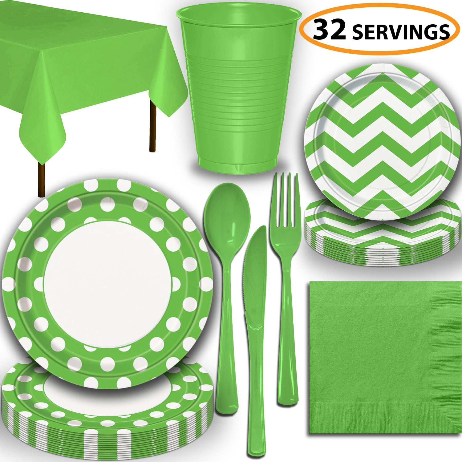Green Dotted Tableware Cups Disposable Tableware 32 Sets Lime Green Dotted Dinner