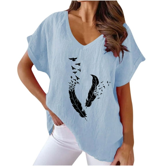 Summer Cotton Linen Tops for Women Feather Graphic V Neck Short Sleeve T Shirts Dressy Casual Loose Fit Blouses (XL, Blue)