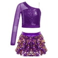 thumbnail image 2 of CHICTRY Kids Girls Jazz Dance Outfit Asymmetrical Metallic Sequins Tops with Tiered Ruffles Culottes Cheer Leader Dance Costume Purple 8, 2 of 7