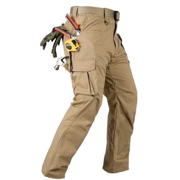 TRGPSG Men's Ripstop Work Pants, 8-Pocket Utility Cargo Pants with Side Elastic Waist, Stretch Water-Resistant Outdoor Hiking Trousers(No Belts)