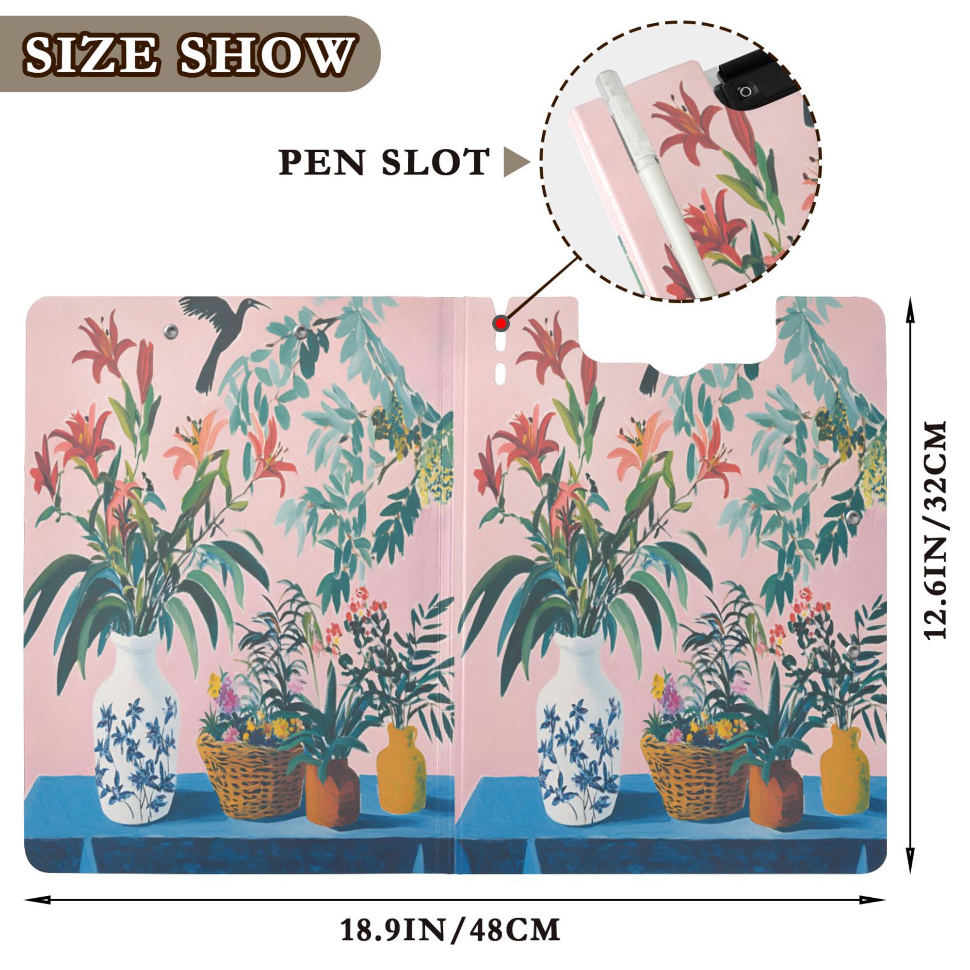 FORMRS A4 Clipboard Folder with Pen Holder Horizontal Foldable School Office Binder, Vibrant Flowers