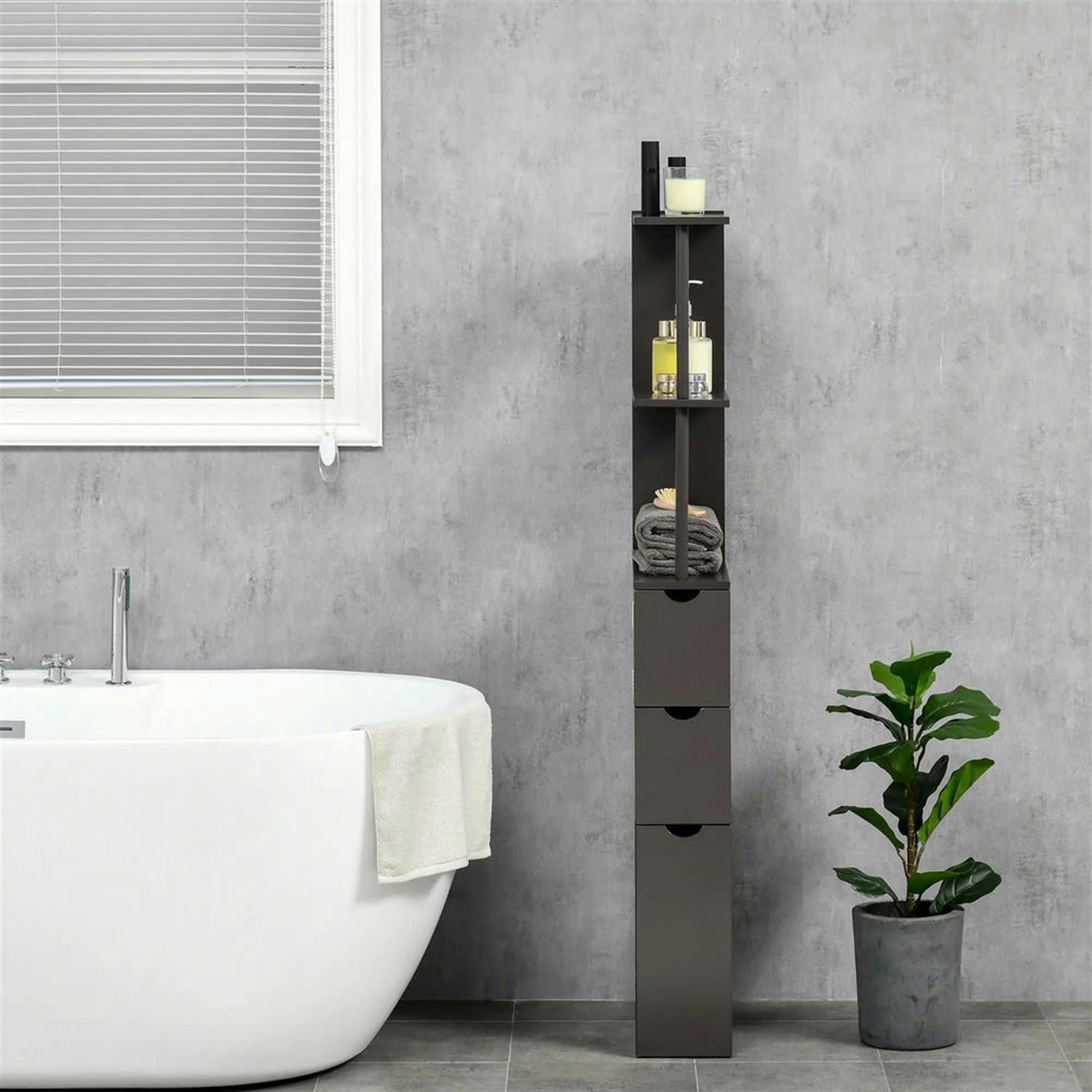 Demi Bonn Bathroom Floor Storage Cabinet, Bathroom Storage Unit, Freestanding Narrow Side Cabinet with 2-Tier Shelf and Drawers, Brown