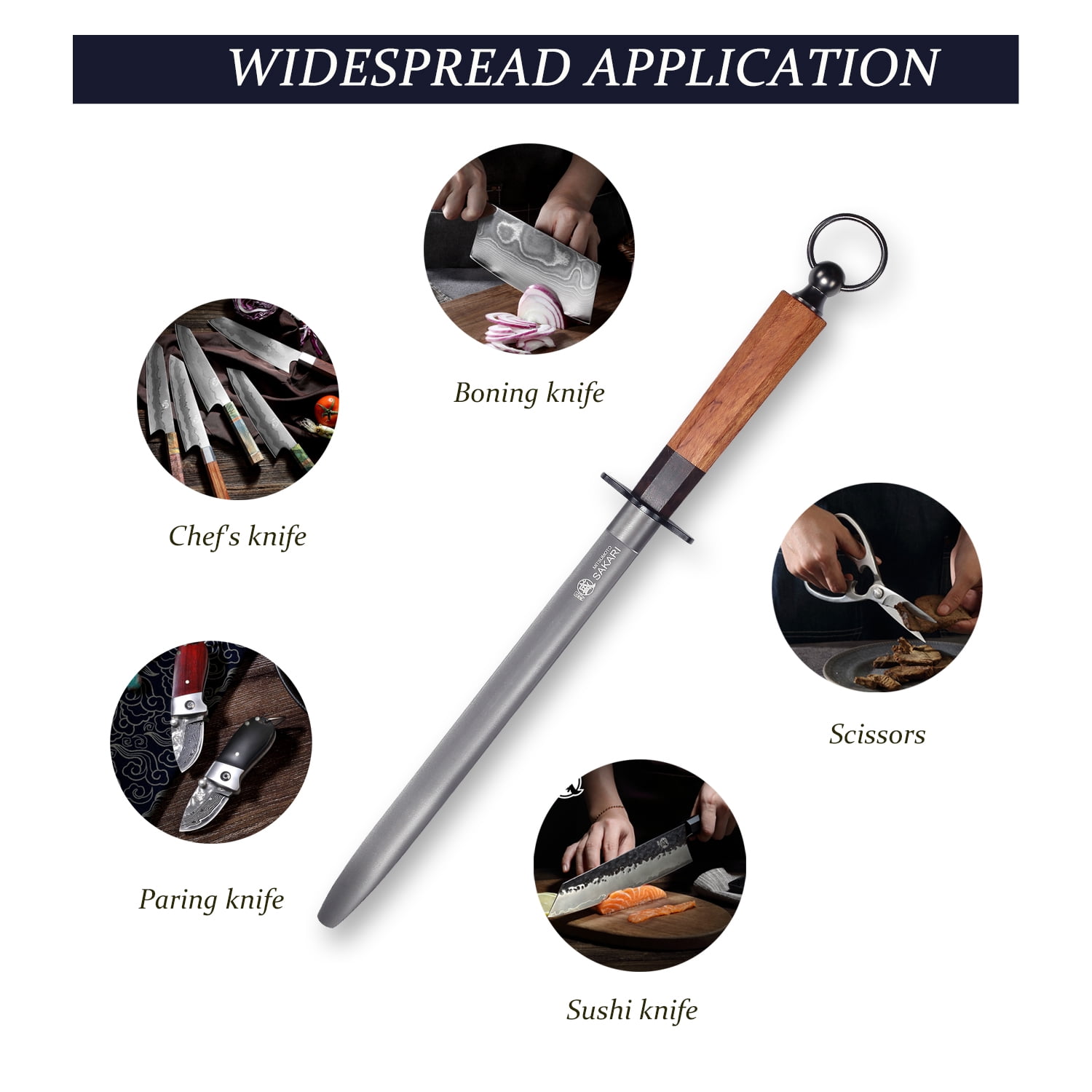 MITSUMOTO SAKARI 10 inch Japanese Knife Sharpening Honing Rod, Professional Kitchen Knife Sharpener, Japanese High Carbon Round Honing Steel (Sourwood Handle)