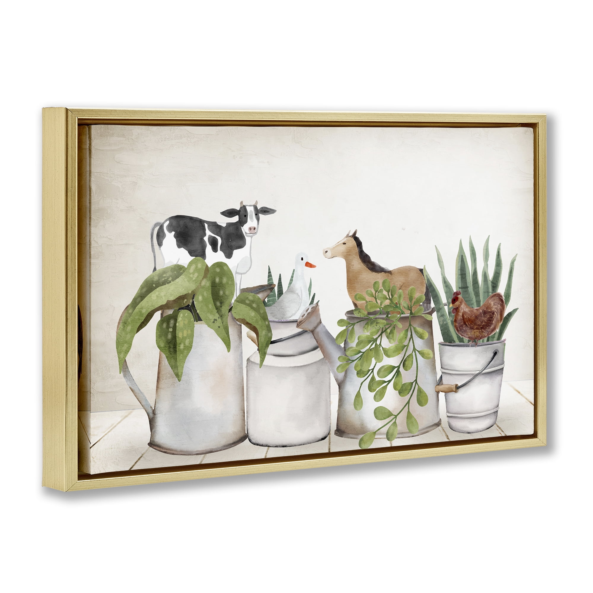 Stupell Industries Tin Farm Animal Plants Botanical & Floral Painting Gold Floater Framed Canvas Art Print Wall Art, 25 x 17