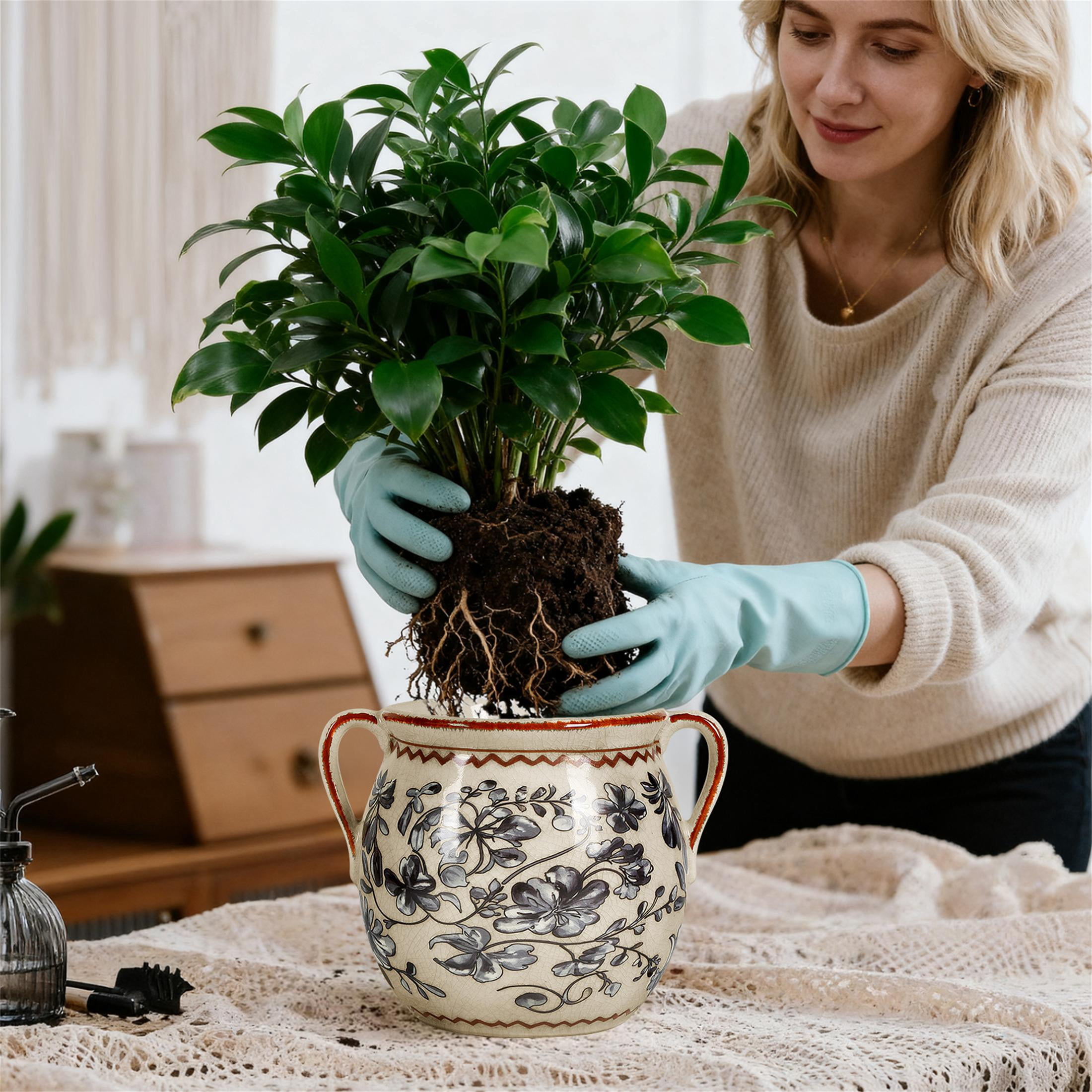 BUYMAX Slate Gray Retro Planter with Handles, Ceramic Flower Pot with Drainage Hole, Modern Vintage Indoor Outdoor Decorative Pot