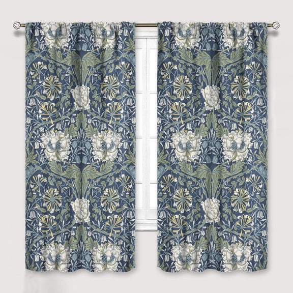 William Morris Floral Curtains, Watercolor Vintage Flower Art Style Room Windows Treatments for Bedroom Living Room, Boho Chic Green Floral Printed Drapes 2 Panel Sets,42x63 Inch